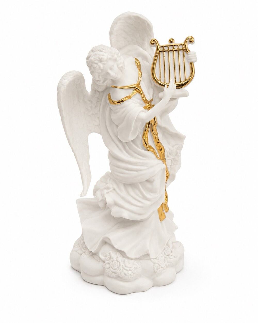 White Porcelain Angel Figurine Playing Gold Harp Lyre Cherub Religious Decor